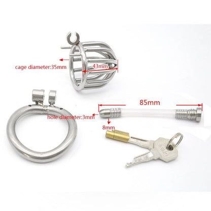 Small Metal Chastity Cage with Urinary Catheter - SpikedChastity