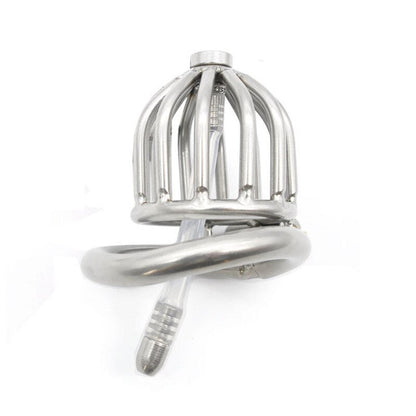 Small Metal Chastity Cage with Urinary Catheter - SpikedChastity