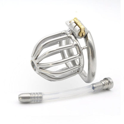 Small Metal Chastity Cage with Urinary Catheter - SpikedChastity