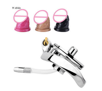 Inverted Chastity Cage with Detachable Dildo and Silicone Urethral Tube - SpikedChastity