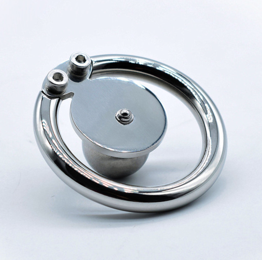 Flat Inverted Chastity Cage with Steel Ball and Metal/Silicone Catheter - SpikedChastity