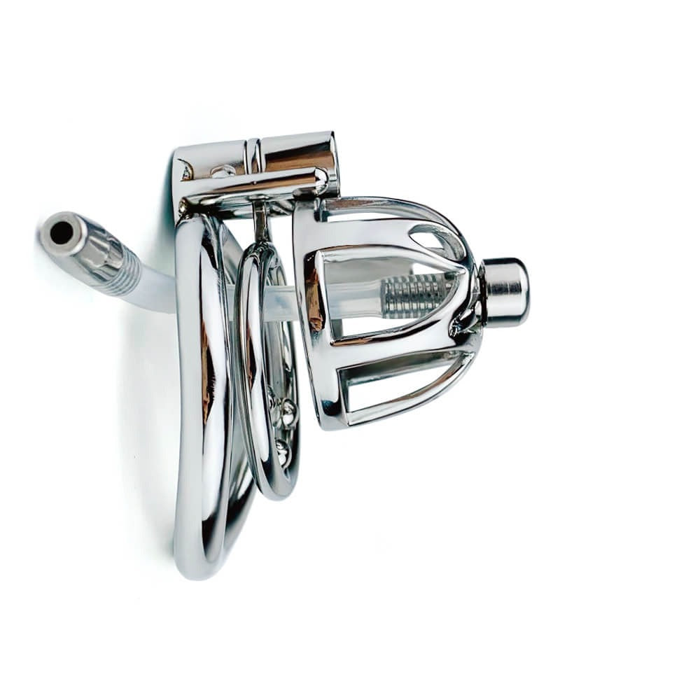 Metal Chastity Cage With Silicone/Metal Urethral Tube - SpikedChastity