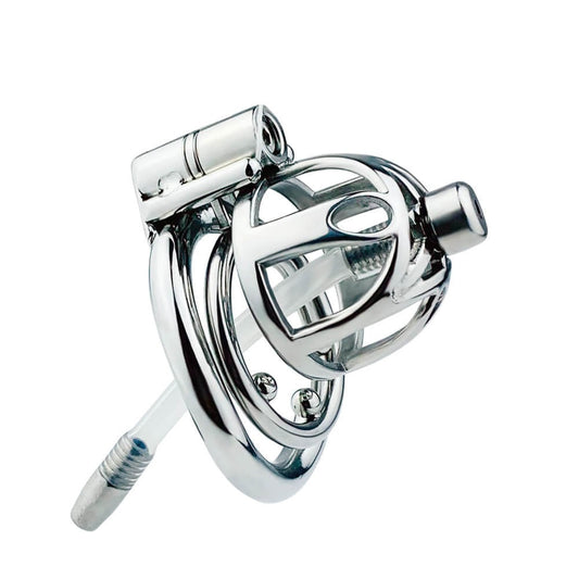 Metal Chastity Cage With Silicone/Metal Urethral Tube - SpikedChastity